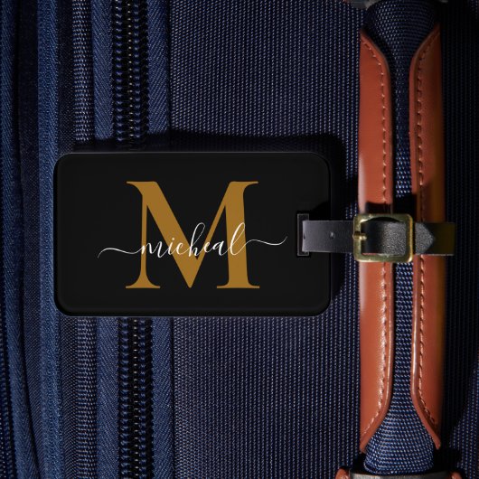 Étiquette À Bagage Nom de script de monogramme marron doré et noir mo (Insitu Rectoal 4)