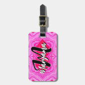 Étiquette À Bagage Nom de script féminin, initiale monogrammée rose m (Devant Vertical)