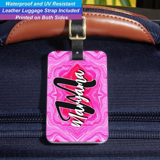 Étiquette À Bagage Nom de script féminin, initiale monogrammée rose m