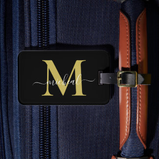 Étiquette À Bagage Nom de script monogramme doré et noir moderne