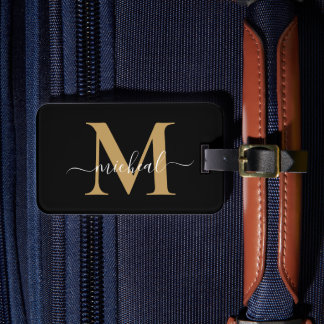 Étiquette À Bagage Nom de script monogramme or et noir de Toscane mod