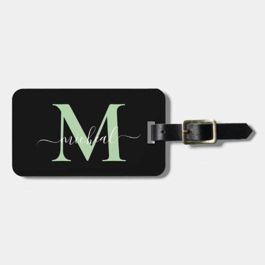 Étiquette À Bagage Nom de script monogramme vert et noir moderne (Devant horizontal)