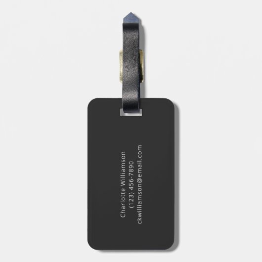 Étiquette À Bagage Nom de script noir et blanc élégant Personnalisé  (Dos Vertical)