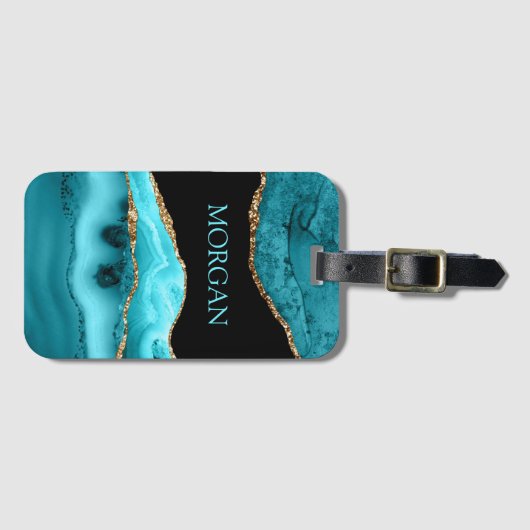 Étiquette À Bagage Nom do-it-yourself, Noir, Or et Turquoise (Devant Horizontal)