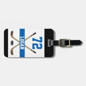 Étiquette À Bagage Nom du joueur de hockey personnalisé Numéro bleu (Devant horizontal)