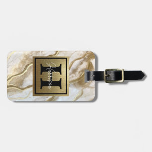 Étiquette À Bagage Nom du monogramme en marbre blanc et or Personnali