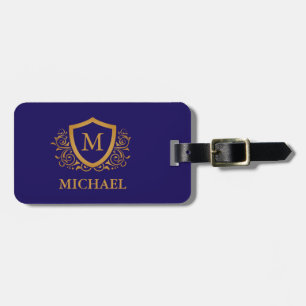 Étiquette À Bagage Nom du monogramme personnalisé bleu et or de la ma