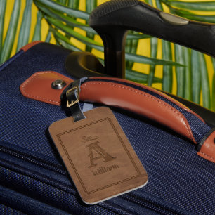 Étiquette À Bagage Nom du monogramme personnalisé en cuir Brown rusti