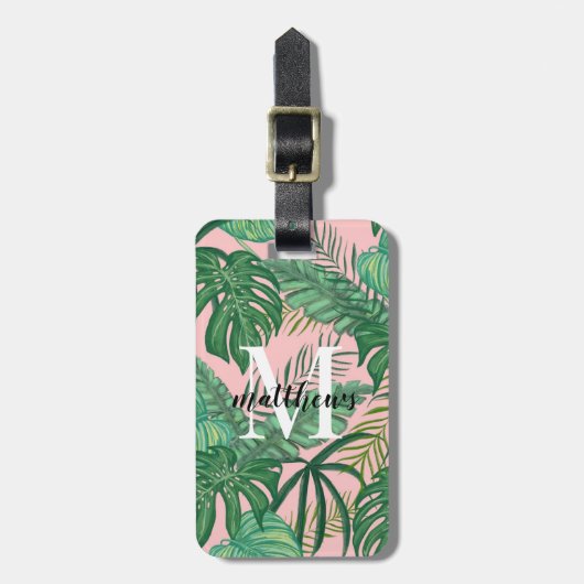 Étiquette À Bagage Nom du monogramme rose Feuille de palme tropicale  (Devant Vertical)