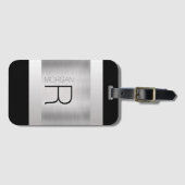 Étiquette À Bagage Nom du monogramme, Texte gris noir, Argent brossé (Devant Horizontal)