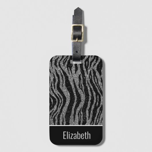 Étiquette À Bagage Nom du monogramme Zebra Print Black Silver Grey Wh (Devant Vertical)