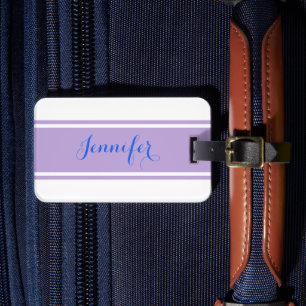 Étiquette À Bagage Nom du script bleu, Lavender Stripes sur blanc