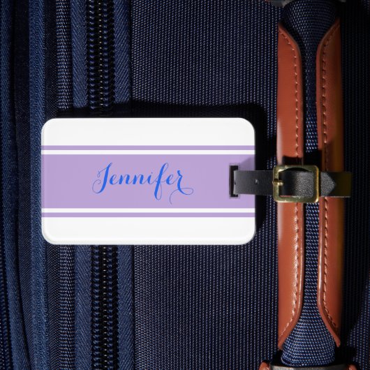 Étiquette À Bagage Nom du script bleu, Lavender Stripes sur blanc (Insitu Rectoal 4)