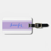 Étiquette À Bagage Nom du script bleu, Lavender Stripes sur blanc (Devant horizontal)