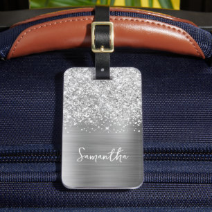 Étiquette À Bagage Nom du script Glittery Silver Glam