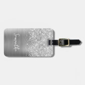 Étiquette À Bagage Nom du script Glittery Silver Glam (Devant horizontal)