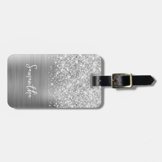 Étiquette À Bagage Nom du script Glittery Silver Glam (Devant horizontal)