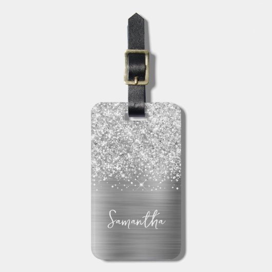 Étiquette À Bagage Nom du script Glittery Silver Glam (Devant Vertical)