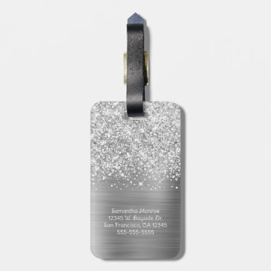 Étiquette À Bagage Nom du script Glittery Silver Glam (Dos Vertical)