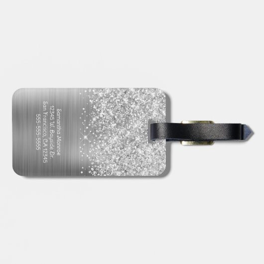 Étiquette À Bagage Nom du script Glittery Silver Glam (Dos horizontal)