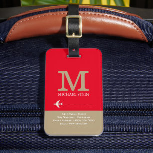 Étiquette À Bagage Nom du voyageur Monogram Elegant Red