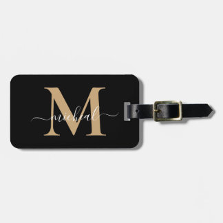 Étiquette À Bagage Nom élégant beige et noir à monogramme et écriture