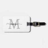 Étiquette À Bagage Nom élégant blanc gris noir monogramme script (Devant horizontal)