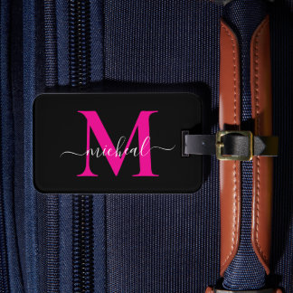 Étiquette À Bagage Nom élégant rose et noir en monogramme et écriture