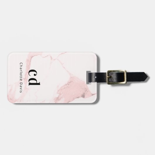 Étiquette À Bagage Nom en marbre rose pâle monogramme initiales (Devant horizontal)