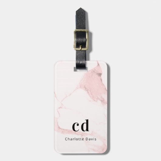 Étiquette À Bagage Nom en marbre rose pâle monogramme initiales (Devant Vertical)