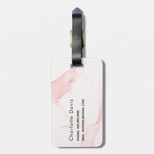 Étiquette À Bagage Nom en marbre rose pâle monogramme initiales (Dos Vertical)