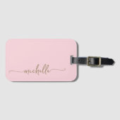 Étiquette À Bagage Nom en monogramme de calligraphie moderne rose or (Devant Horizontal)
