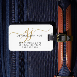 Étiquette À Bagage Nom en monogramme script doré 