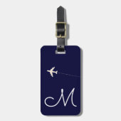 Étiquette À Bagage nom et initiale personnalisés de l'avion sur bleu (Devant Vertical)