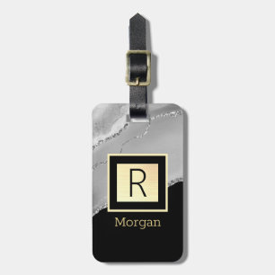 Étiquette À Bagage Nom et monogramme, Boîte noire et or, Agate argent