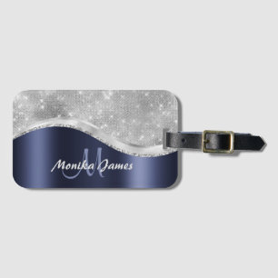 Étiquette À Bagage Nom et nom du monogramme métallique brossé bleu ma