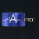 Étiquette À Bagage Nom et nom du monogramme métallique brossé bleu ma<br><div class="desc">Nom et étiquette initiale des bagages de la marine Blue Brohed Metal Foil. Cette étiquette de sac est parfaite pour le retour à l'école,  le travail ou le voyage.</div>