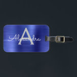 Étiquette À Bagage Nom et nom du monogramme métallique brossé bleu ma<br><div class="desc">Nom et étiquette initiale des bagages de la marine Blue Brohed Metal Foil. Cette étiquette de sac est parfaite pour le retour à l'école,  le travail ou le voyage.</div>