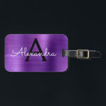 Étiquette À Bagage Nom et nom initial du monogramme en métal brossé v<br><div class="desc">Monogramme d'huile de métal brossé violet Nom et étiquette de bagage initiale. Cette étiquette de sac est parfaite pour le retour à l'école,  le travail ou le voyage.</div>