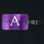 Étiquette À Bagage Nom et nom initial du monogramme en métal brossé v<br><div class="desc">Monogramme d'huile de métal brossé violet Nom et étiquette de bagage initiale. Cette étiquette de sac est parfaite pour le retour à l'école,  le travail ou le voyage.</div>