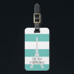 Étiquette À Bagage Nom fait sur commande léger de Tour Eiffel | de<br><div class="desc">Étiquette chic de bagage avec les rayures turquoises de blanc et de lumière et Tour Eiffel.</div>