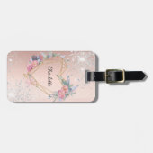 Étiquette À Bagage Nom floral rose or argent (Devant horizontal)