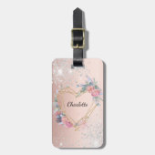Étiquette À Bagage Nom floral rose or argent (Devant Vertical)