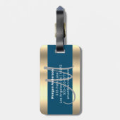 Étiquette À Bagage Nom & Grand Monogramme, Blanc Bleu Or Gris (Dos Vertical)