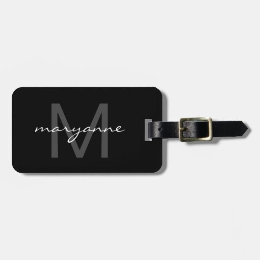 Étiquette À Bagage Nom initial décoré d'un monogramme noir moderne de (Devant horizontal)