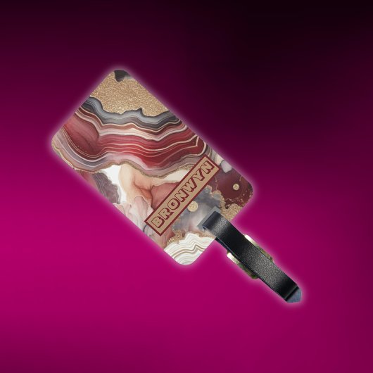 Étiquette À Bagage Nom Monogram Modern Gold & Maroon Geode |