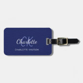 Étiquette À Bagage Nom monogramme blanc en cuir bleu marine (Devant horizontal)