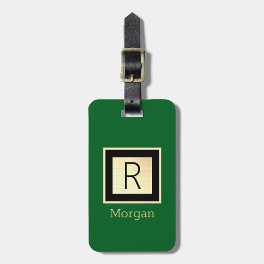 Étiquette À Bagage Nom & Monogramme, Boîte Noir & Or, Vert Forêt (Devant Vertical)