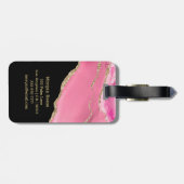 Étiquette À Bagage Nom & Monogramme, Boîte noire & or, Agate rose (Dos horizontal)