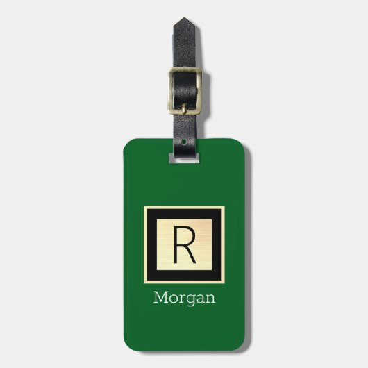 Étiquette À Bagage Nom & Monogramme, Boîte Noire & Or Vert Forêt Vs2 (Devant Vertical)